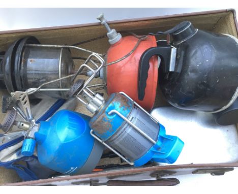Various camping equipment including gas stoves, lamp, kettle and mess tin