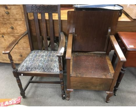 A mahogany dining chair with a drop in seat and a walnut commode (2).