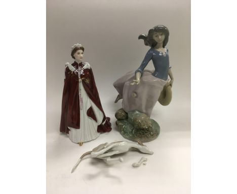 A Royal Worcester of Queen Elizabeth II for the Queen's 80th birthday together with a Lladro figural group of a girl and dog 