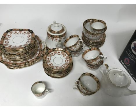 A box containing a Royal Albert part tea set and Royal Stafford pieces including a Royal Albert Brigadoon coffee pot and Val 