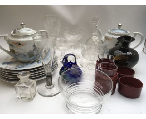 A collection of various glass ware together with a Kutani style tea set and Medina paper weight