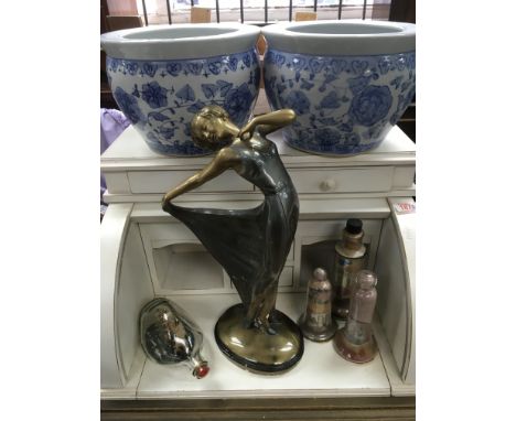 A pair of blue and white ceramic planters, a Deco figure, ship in a bottle etc.