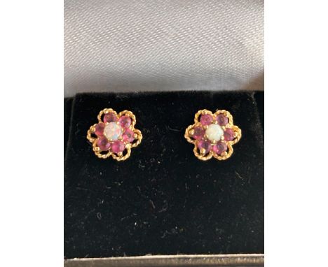 9ct Gold opal & rubies earrings 