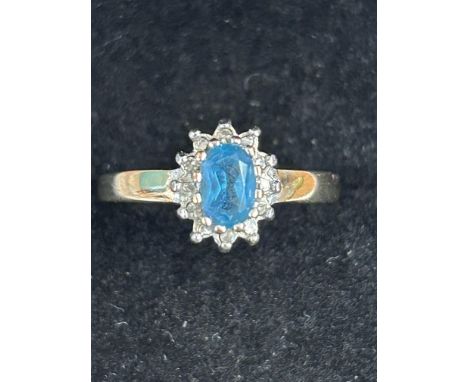 9ct Gold ring set aquamarine & diamonds Size M 2.7g 