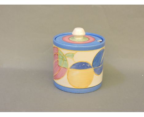 A Clarice Cliff 'Melon' pattern preserve pot and cover, 9.5cm high