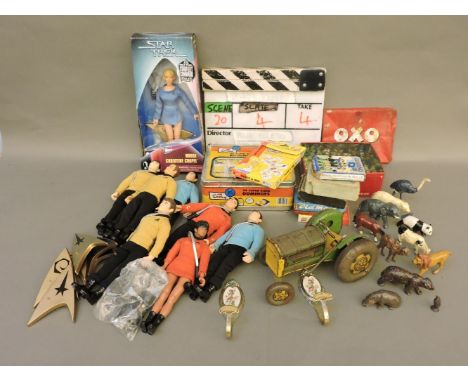 Toys, including Star Trek figure, 'Nurse Christine Chapel' and others, tin tractor, lead farm animals, etc, and film clapper 