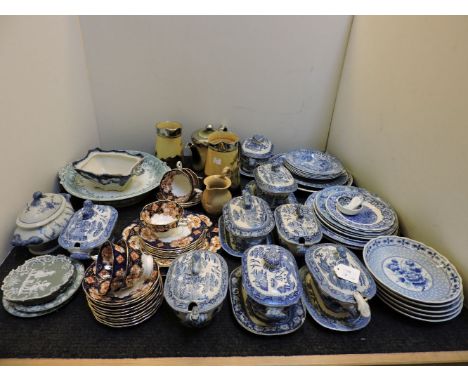 A quantity of Spode and other blue and white ribbon plates, sauce tureens and stands, a Royal Albert 'Heirloom' part tea serv