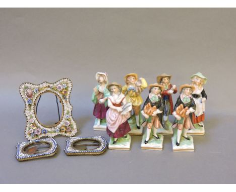 Seven Capodimonte porcelain figures, polychrome decorated, printed mark, 8cm high, together with three micro mosaic easel fra