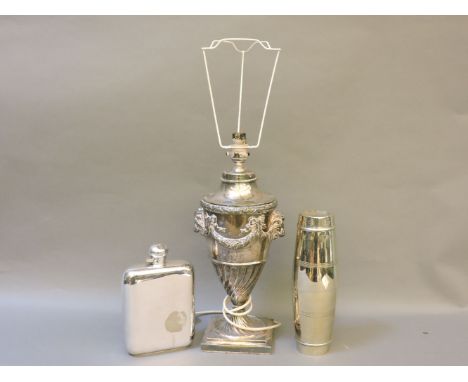 A Victorian silver plated vase table lamp, a massive flask stamped 'Yates', and a W R Loftus cocktail shaker