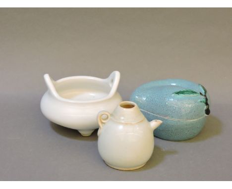 A Chinese white ceramic incense burner, an ink box and cover, and a small water dropper, tallest 6cm