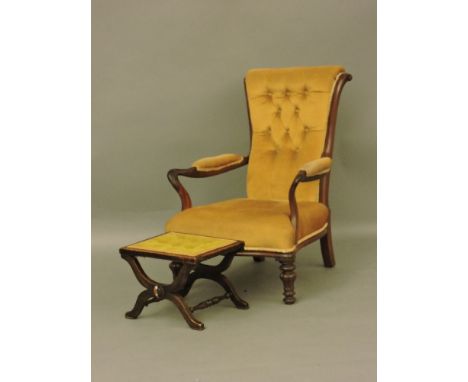 A Victorian ?rosewood button back open armchair, and an x-frame stool