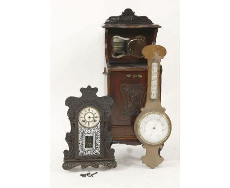 An Edwardian mahogany purdonium, an American mantel clock, and an aneroid barometer