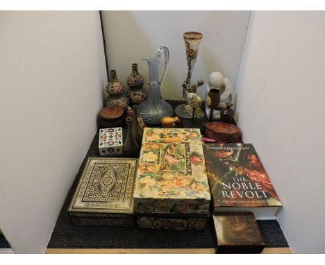 Miscellaneous items, including a Victorian glass ewer, 30cm high, a pair of champlevé enamel double gourd vases, a découpage 