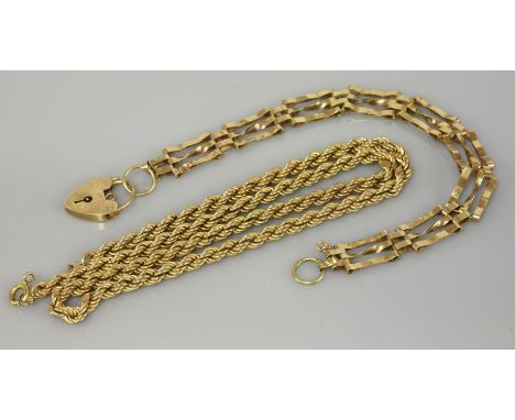A 9ct gold rope chain, and a 9ct gold gate bracelet, 12.06g