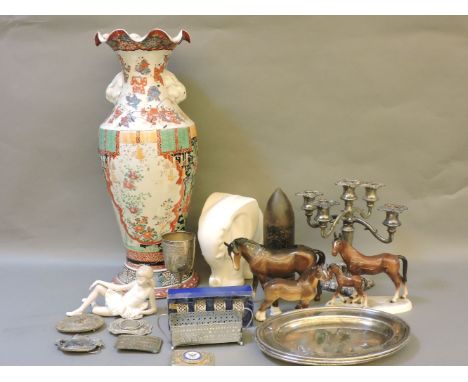 A collection of ceramics, including a Spode Vilamour elephant, Beswick horse, Nao figure, and a Japanese fluted rim vase