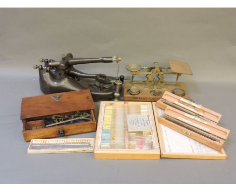 A microscope, cased balance, spectacles, and medical, optical and dental items, three boxes