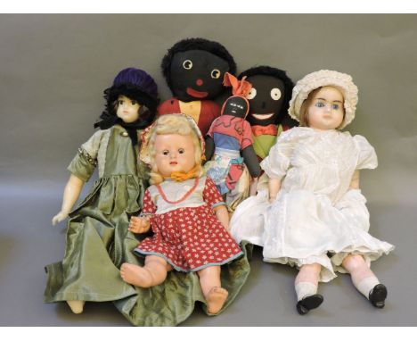 A mixed quantity of dolls and teddy bears, to include a 'wax over' doll, and a Chinese puppet