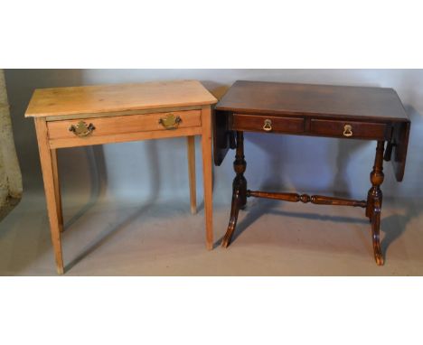 A Pine Side Table With A Frieze Drawer, Raised Upon Square Tapering Legs, together with a reproduction sofa table 