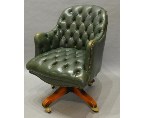 A Green Leather Button Upholstered Studded Revolving Office Armchair 