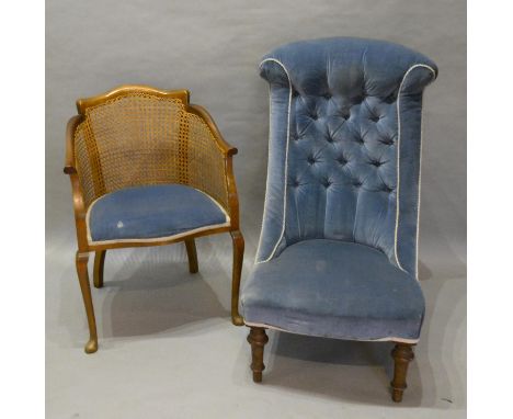 A Victorian Button Upholstered Low Seat Chair, together with a 1920's caned tub shaped chair 