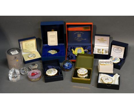 An Enamel Miniature Teapot Together With A Collection Of Enamel Patch Boxes, two paperweights  and various glassware 