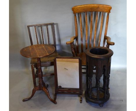 A Victorian Oak Stick Stand Together With A Swing Framed Toilet Mirror, a farmhouse armchair, a 19th Century pedestal table a