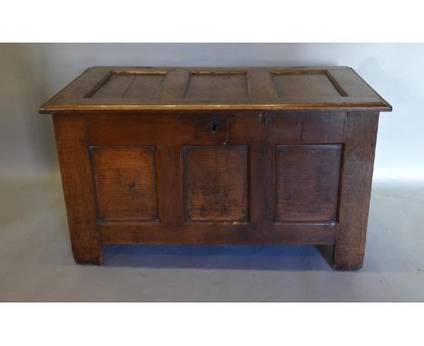 An 18th Century Coffer The Three Panel Hinge Top above a similar front flanked by stiles, 115cm wide, 58cm deep, 64cm high 