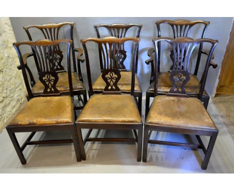 A Set Of Six 19th Century Mahogany Chippendale Style Dining Chairs, four plus two each with a pierced splat back above a drop