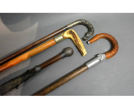 An Early 20th Century Walking Cane The White Metal Handle in the form of a horses head together with a shooting stick, a horn