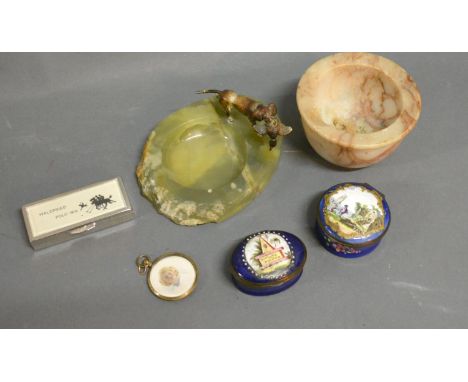Bilson Enamel Snuff Box Of Oval Form Together With Another Similar, a cold painted metal and onyx pin tray and various other 