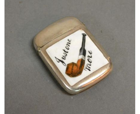 A Victorian Silver Vesta Case Enamel Decorated And Titled "Just One More" Birmingham 1886 