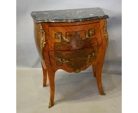 A French Kingwood Marquetry Inlaid and Gilt Metal Mounted Bombe Commode, the variegated  marble top above two drawers with br