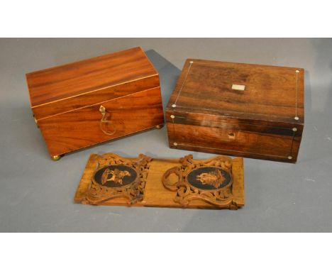 A Regency Mahogany Correspondence Box With Brass Ring Handles, together with a rosewood mother of pearl inlaid work box and a