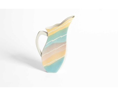 ARR Sasha Wardell (born 1956) a porcelain jug decorated polychrome bands of pastel shades, 23cm x 13cmGood condition.