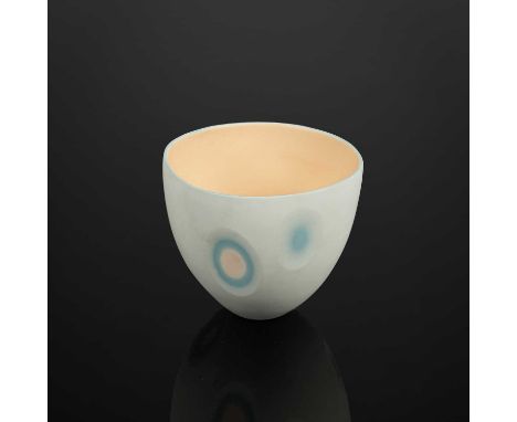 ARR Sasha Wardell (born 1956) a porcelain Space Bowl decorated slip cast layers in blue and white and interior glazed pastel 