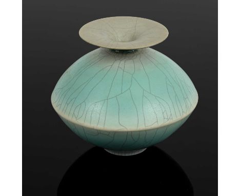 ARR David White (1934-2011) a porcelain vase with pale blue crackle glaze, impressed mark to base,13cm x 14cmSome light surfa