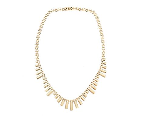A 9ct gold fringe necklace, the undulating fringe necklace with brick link chain sides and push piece clasp, hallmarks for Lo