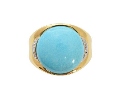 A turquoise and diamond dress ring, the circular turquoise cabochon with brilliant-cut diamond sides, ring size K1/2, gross w