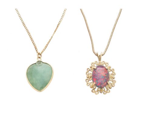 Two gem-set pendants, to include a polished jade pendant, together with a 9ct gold opal triplet pendant, each suspended from 