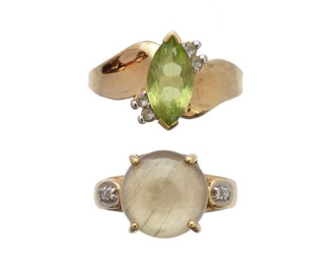 Two 9ct gold gem-set dress rings, to include a peridot dress ring together with a prehnite and diamond dress ring, hallmarks 