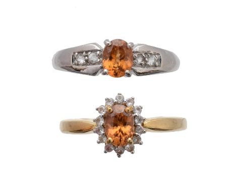 Two 9ct gold citrine rings, to include a citrine and colourless gem cluster ring, together with a citrine and colourless gem 