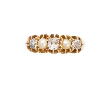 A late Victorian pearl and diamond five stone ring, the old cut diamond and split pearl line with tapered shoulders, estimate