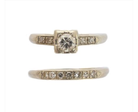 Two diamond rings, including a brilliant cut diamond single stone ring with single cut diamond shoulders, together with an ac