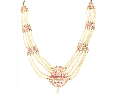 A natural pearl and ruby necklace, designed as a series of openwork circular shape synthetic ruby and split pearl panels, wit