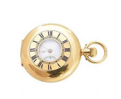 An 18ct gold half hunter fob watch, the white dial signed Russells Ltd, 18 Church Street, Liverpool, with Roman numeral hour 