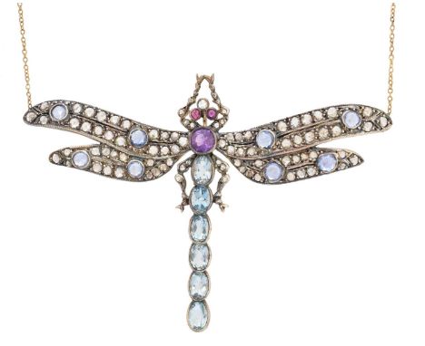 A vari gem necklace, designed as a dragonfly with circular shape ruby eyes, circular shape amethyst and oval shape blue topaz