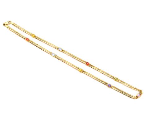 An 18ct gold vari-gem chain necklace, designed as a series of oval gem cabochon collets to include sapphire, amethyst and pas