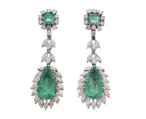 A pair of emerald and diamond earrings by Vourakis, each designed as a pear shape emerald and marquise-cut diamond drop, susp