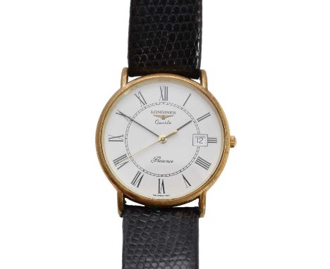 A Longines Presence quartz watch, the circular white signed dial with Roman numeral hour markers and date aperture to 3, with