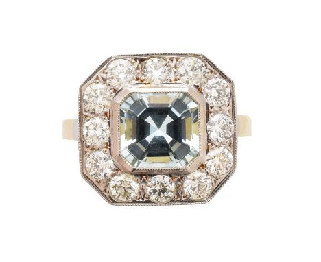 An aquamarine and diamond cluster ring, the square shape aquamarine within a brilliant-cut diamond surround, estimated total 